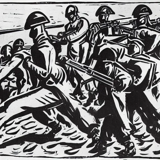 Prompt: imperial german soldiers advancing under cover of mustard gas at the battle of the somme, world war 1, trench warfare, german expressionist woodcut, kathe kollwitz, ernst ludwig kirchner, max beckmann, max pechstein, black and white