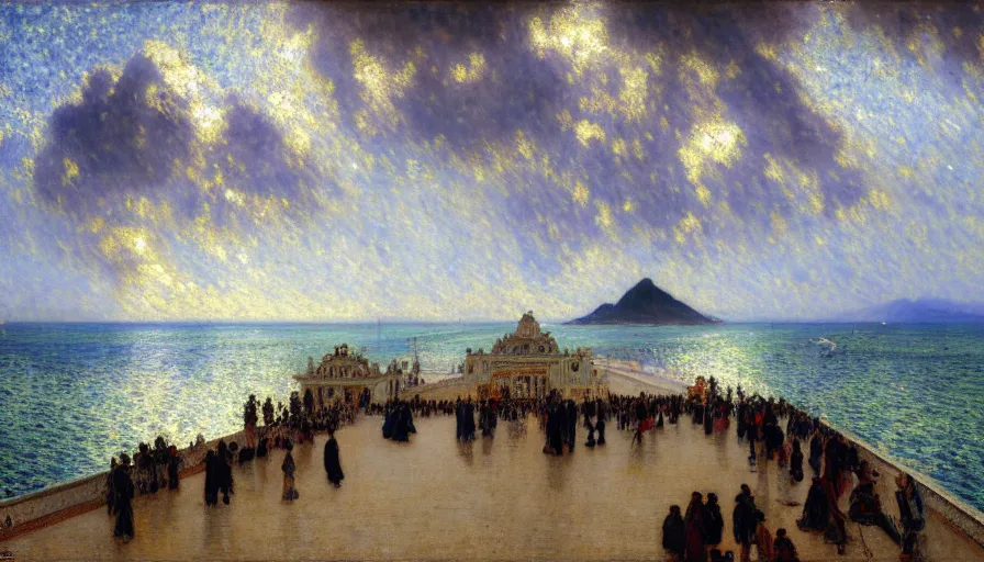 Image similar to a ultradetailed beautiful painting of the thunder sky of the rio de janeiro palace balustrade designed by jules bastien - lepage, tarsila do amaral, frank weston and gustave baumann, beach, trending on artstation, mediterranean, palm trees, sharp focus, lightning sparkles refraced lines, soft light, 8 k 4 k