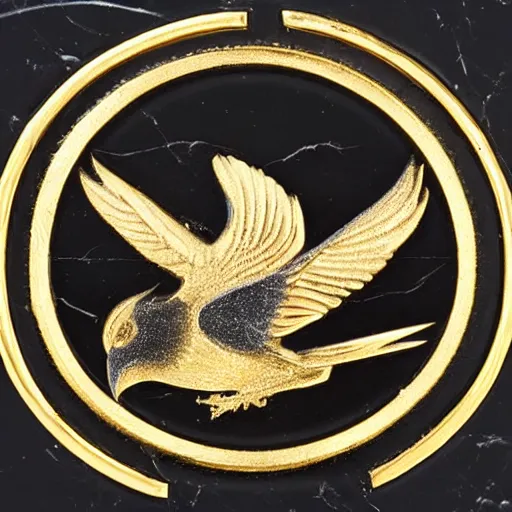 Prompt: A coat of arms with a blackbird in the center, around it two rings of different width. Made of marble with gold decoration. SLR photography