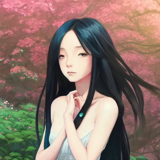 Image similar to a beautiful girl with long black hair, royal garden background, sharp focus, intricate, digital painting, artstation, highly detailed, ambient lighting, portrait by Studio Ghibli, Makoto Shinkai, Rossdraws, artgerm, Ilya Kuvshinov, and Greg Rutkowski