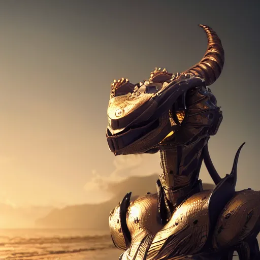 Image similar to a highly detailed beautiful anthropomorphic robot female dragon with smooth and streamlined armor, doing an elegant pose on the beach, artstation, DeviantArt, professional, octane render