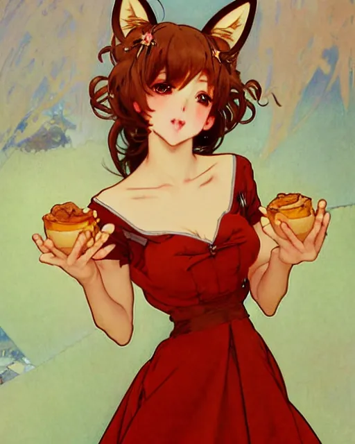 Prompt: A cute frontal fullbody painting of a beautiful anime skinny foxgirl with curly brown colored hair and fox ears on top of her head and tempting eyes wearing a cute red dress looking at the viewer, elegant, delicate, soft lines, higly detailed, smooth , pixiv art, cgsociety, artgem, art by Gil Elvgren alphonse mucha and charles reid, high quality, digital illustration, concept art