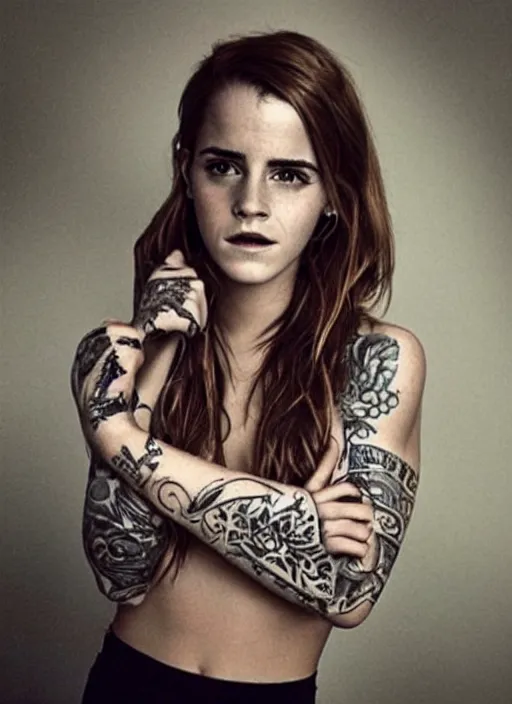 Image similar to emma watson, dope tattoo, hyperrealistic