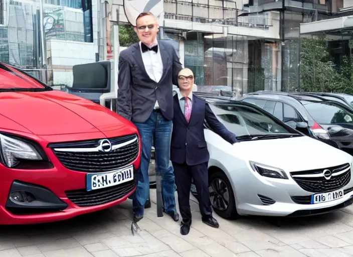 Prompt: spiderman stand next to opel sedan