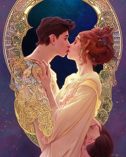 Image similar to the kiss | highly detailed | very intricate | art nouveau | gold filigree | romantic storybook fantasy | soft cinematic lighting | award - winning | disney watercolor illustration by mandy jurgens and alphonse mucha and alena aenami | pastel color palette | featured on artstation