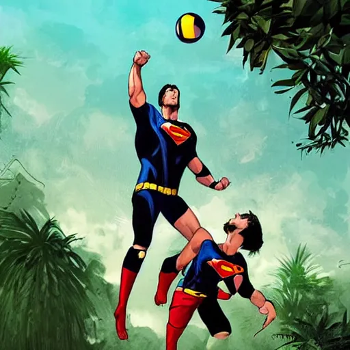 Image similar to batman and superman are playing volleyball in a jungle, volleyball in the air, volleyball net, digital illustration, inspired by greg rutkowski and artgerm, high detail