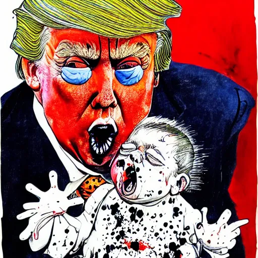 Prompt: president Donald Trump eating an infant, Ralph steadman, psychedelic, surreal, ink splatter, detailed, 4k