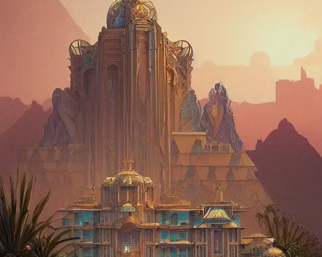 Prompt: art deco palace in the desert, fantasy, intricate, elegant, highly detailed, digital painting, artstation, concept art, matte, sharp, illustration, hearthstone, art by artgerm and greg rutkowski and alphonse mucha