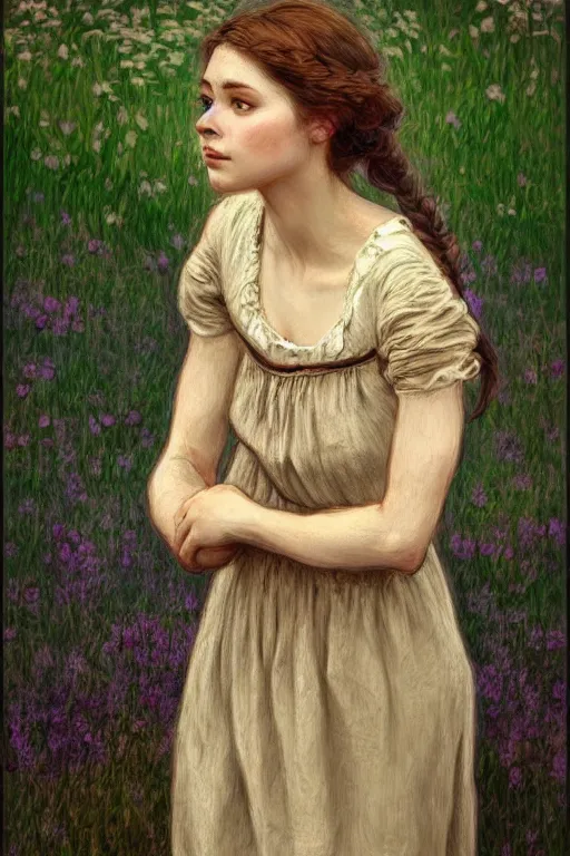 Prompt: beautiful natural coy cottagecore peasant maiden plain girl, life drawing, intricate, elegant, highly detailed, digital painting, artstation, concept art, smooth, sharp focus, master illustration, art monet and mucha