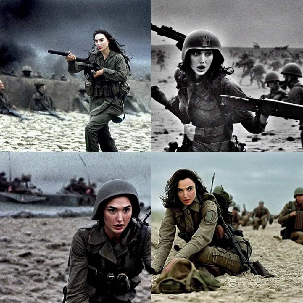 Prompt: Gal Gadot in Saving Private Ryan film still from Saving Private Ryan storming Normandy beach as a ww2 soldier