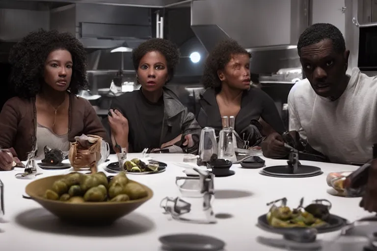 Prompt: movie diverse interracial small team of European sci-fi futuristic space explorers talking at the table in a spaceship kitchen, beautiful skin, Symmetrical faces. Beautiful lighting by Emmanuel Lubezki