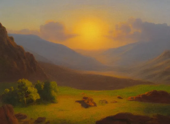 Image similar to the armenian highlands with the sun setting as the background in the style of hudson river school of art, oil on canvas