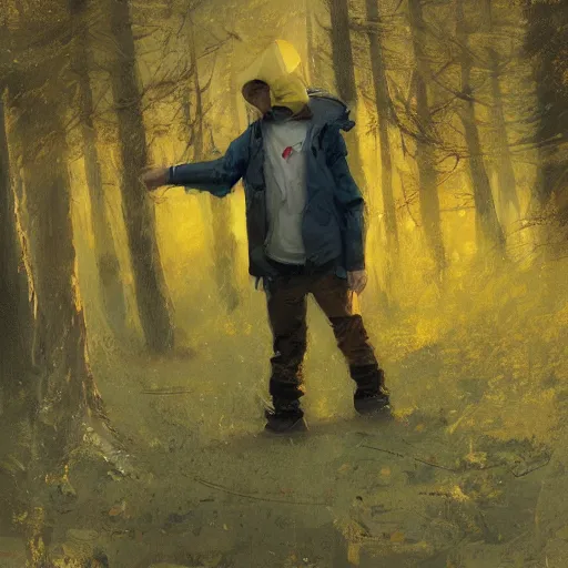 Prompt: a boy wearing a yellow jacket on the woods, by greg rutkowski, by anato finnstark, by axel sauerwald