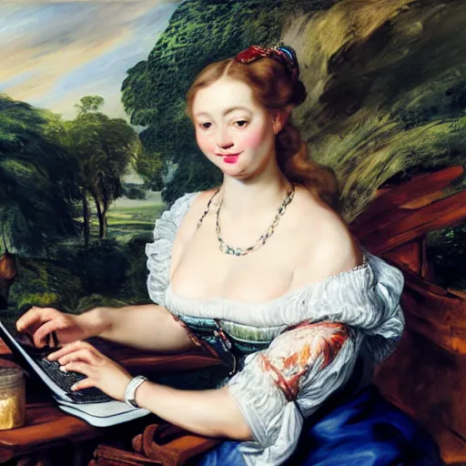 Image similar to heavenly summer sharp land sphere scallop well dressed lady working on her laptop auslese, by peter paul rubens and eugene delacroix and karol bak, hyperrealism, digital illustration, fauvist