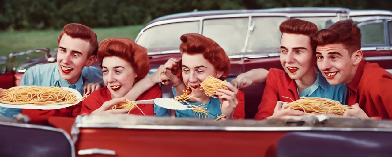 Prompt: young couple at a drive in movie, eating spaghetti, 1 9 5 0 s, kodachrome, in the style of wes anderson, retro, realistic faces, detailed faces, intricate detail, exquisite detail, soft focus,