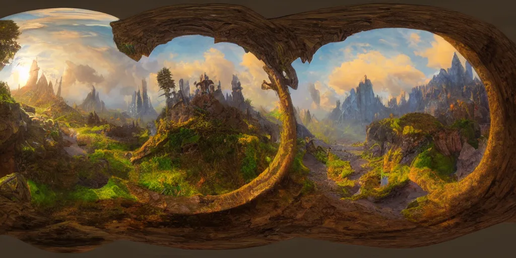 Image similar to a high quality professional 360 painting of a fantasy landscape