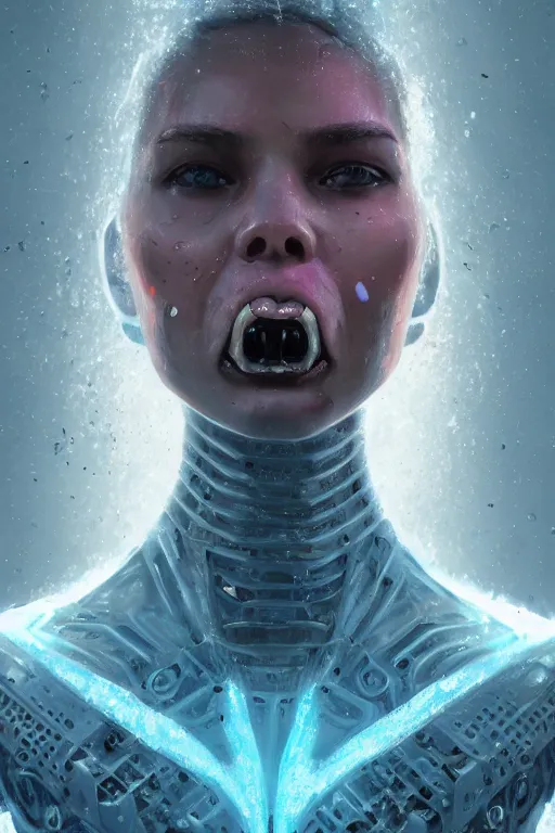 Image similar to attractive female i robot sticking tongue out sensually and sweating, torso portrait, intricate, elegant, volumetric lighting, scenery, digital painting, highly detailed, artstation, sharp focus, illustration, concept art, luis rollo, ruan jia, steve mccurry, john berkey