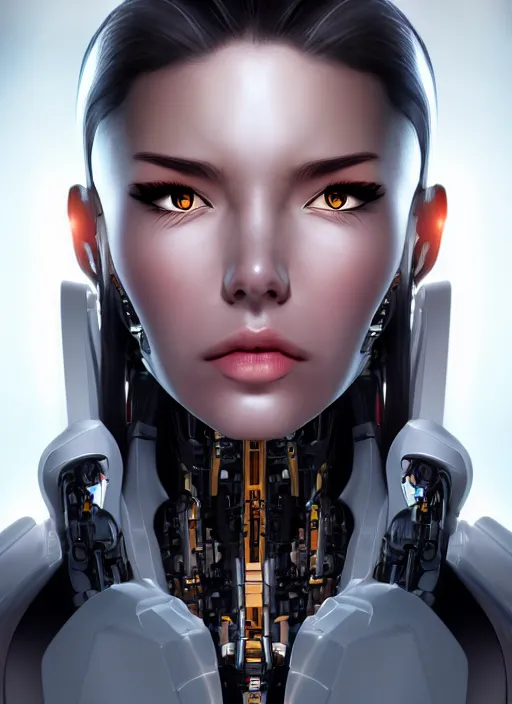 Image similar to portrait of a cyborg woman by Artgerm, (((((face turns left))))) ((((((((((face turns right)))))))))), eyes closed , biomechanical, hyper detailled, trending on artstation