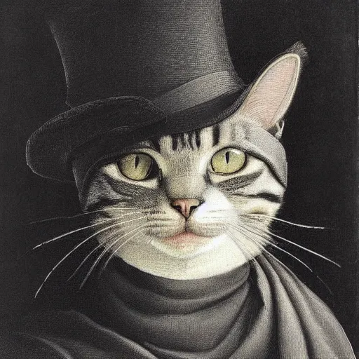 Prompt: a portrait of a cat wear a hat, by Da vinci