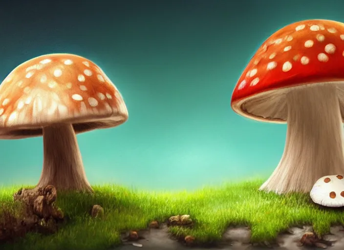 Prompt: a cute creature sitting next to a mushroom concept portrait, detailed, sharp focus, pastel, intricate, realistic, smooth, volumetric lighting, digital painting, by miyazaki