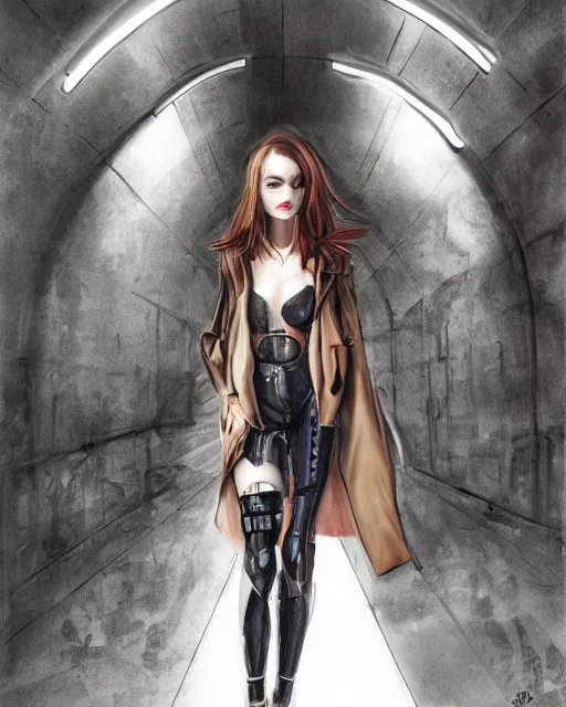 Image similar to photorealistic portrait of a beautiful half cyborg woman with a mischievous look, the half cyborg woman is wearing a long trench coat, in an underground parking garage, in the style of Artgerm and NeoArtCorE, dark mood