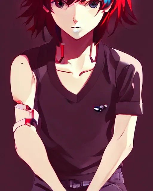 Image similar to makoto shinkai, artgerm, yoji shinkawa, ilya kuvshinov, beautiful anime woman, red shirt brown pants, clockpunk, black and red hair hair, symmetrical face, symmetrical eyes, full round face, short smile, detailed, summer setting, cinematic lighting