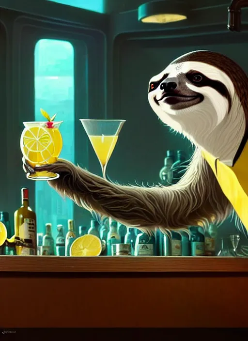 Prompt: sloth anthro as a dapper bartender with a big, fluffy tail, retro futurism, art deco, detailed painterly digital art style by WLOP and Cory Loftis, 🐿🍸🍋, 8k octane beautifully detailed render, post-processing, extremely hyperdetailed, intricate, epic composition, grim yet sparkling atmosphere, cinematic lighting + masterpiece, trending on artstation, very detailed, vibrant colors