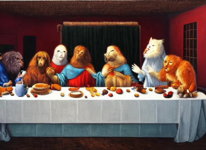Image similar to furry last supper, oil painting
