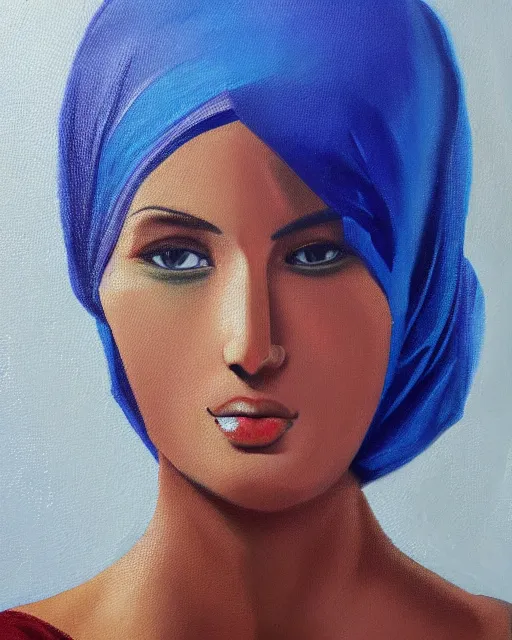 Prompt: hijabi woman face, with a female robot body, oil painting