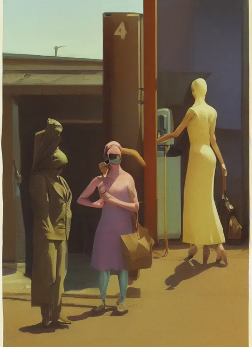 Image similar to women in paper bag over the head and a sward at gas station with portable oxygen tank Edward Hopper and James Gilleard, Zdzislaw Beksinski, highly detailed