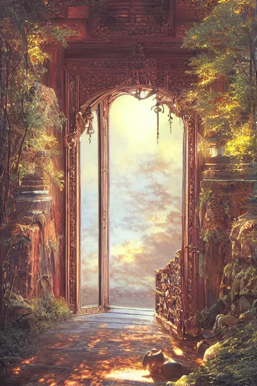 Prompt: large rustic intricately decorated wooden double door, metal handles, a view to a fantasy world, ethereal back light, mist, coherent composition, fantasy painting by noriyoshi ohrai, yuumei