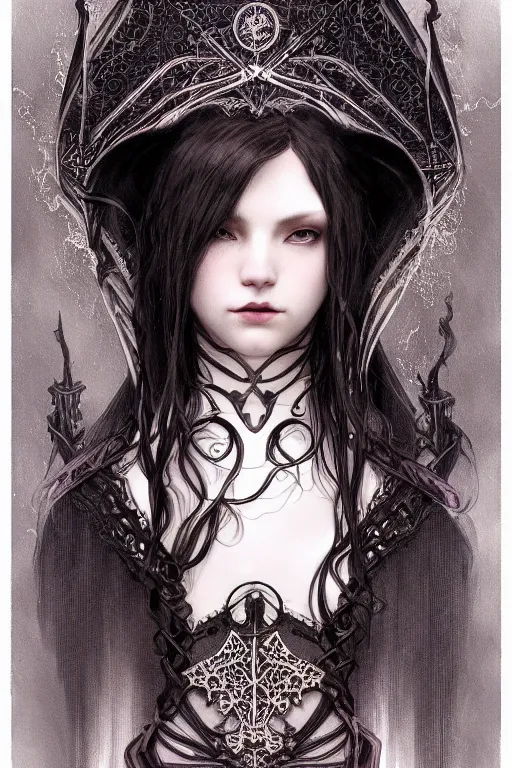 Image similar to beautiful and gothic and victorian and luxury and demonic young medieval dark wizard portrait like blackpink lisa+front face with light flowing hair, ultradetail face, art and illustration by tian zi and craig mullins and WLOP and alphonse mucha, fantasy, intricate complexity, human structure, human anatomy, fantasy character concept, watermark, blurry, hyperrealism 8k