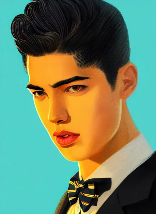 Image similar to portrait of young reggie mantle, mean smirk, egotistical, slicked back hair, striped yellow and black sweater, 1 9 5 0 s, intricate, elegant, glowing lights, highly detailed, digital painting, artstation, concept art, smooth, sharp focus, illustration, art by wlop, mars ravelo and greg rutkowski