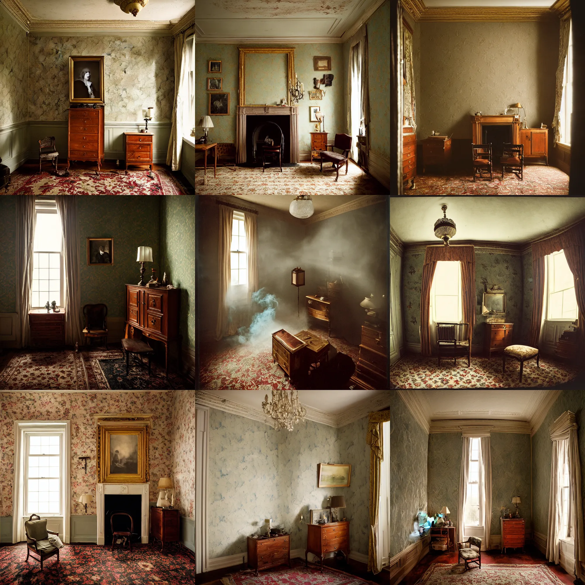 Prompt: kodak portra 4 0 0, wetplate, 8 mm extreme fisheye, award - winning portrait by britt marling of a 1 7 5 0 s room, the walking dead, picture frames, shining lamps, dust, smoke 1 7 5 0 s furniture, wallpaper, carpet, interior, muted colours, fog