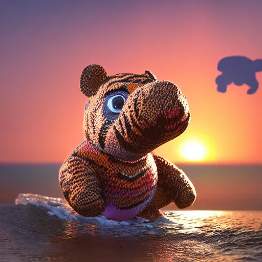 Image similar to a closeup photorealistic photograph of a cute smiling knitted tiger hippopotamus chasing a beachball at sunset. surf in the background. professional capture. this 4 k hd image is trending on artstation, featured on behance, well - rendered, extra crisp, features intricate detail, epic composition and the style of unreal engine.