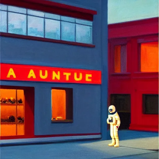 Image similar to an astronaut in front of a restaurant at the evening, in the style of Edward Hopper, 4k,