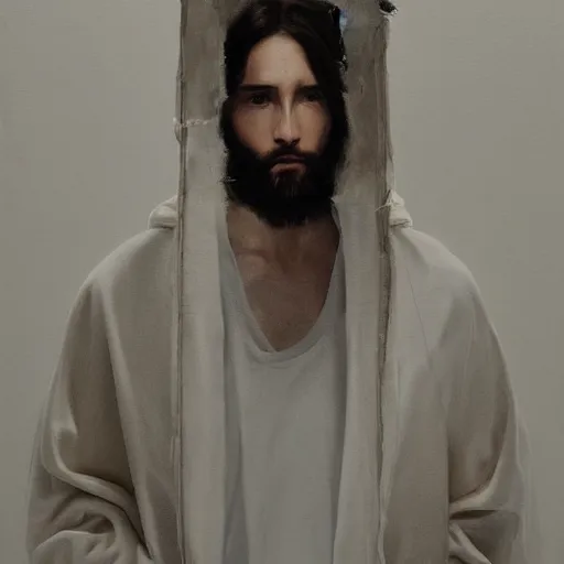 Prompt: a full body lookbook portrait of modern - day jesus wearing cream fear of god menswear collection by nicola samori, hat and hoodie, detailed, oil painting, hyper realistic, 8 k, yeezy collection