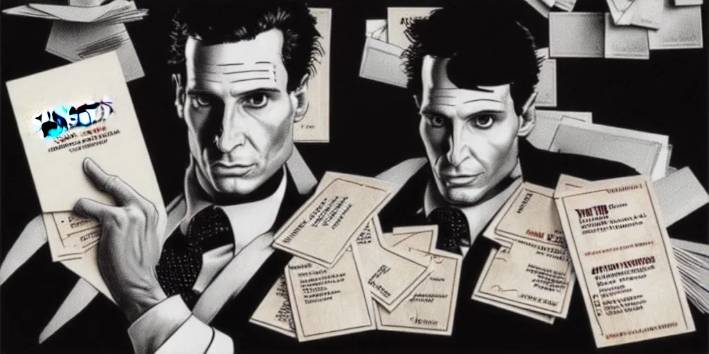 Image similar to patrick bateman, detailed fantasy art, sitting with stacks of business cards, american psycho