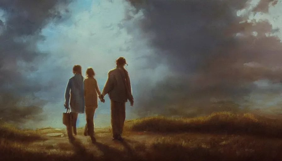 Image similar to oil painting, young lovers leaving together, cinematic lighting, wow, establishing shot