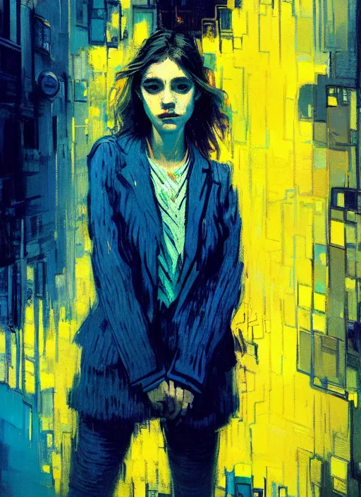 Image similar to portrait of a beautiful girl, new york backdrop, sad, shades of blue and yellow, beautiful face, rule of thirds, intricate outfit, spotlight, by greg rutkowski, by jeremy mann, by francoise nielly, by van gogh, digital painting