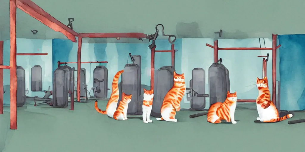 Image similar to watercolor illustration style, cute cats training in the fitness studio environment