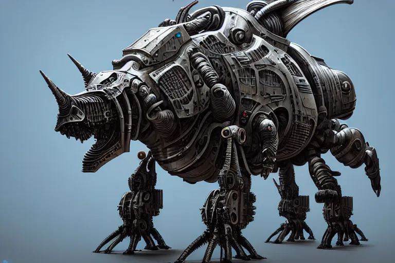 Image similar to triceratops in a cyborg mech suit, by alexandre ferra, zezhou chen, peter gric, mohamed reda and hr giger, hyper detailed, screen print, character concept art, hyperrealism, coherent, cgsociety, zbrush central, behance hd, hypermaximalist