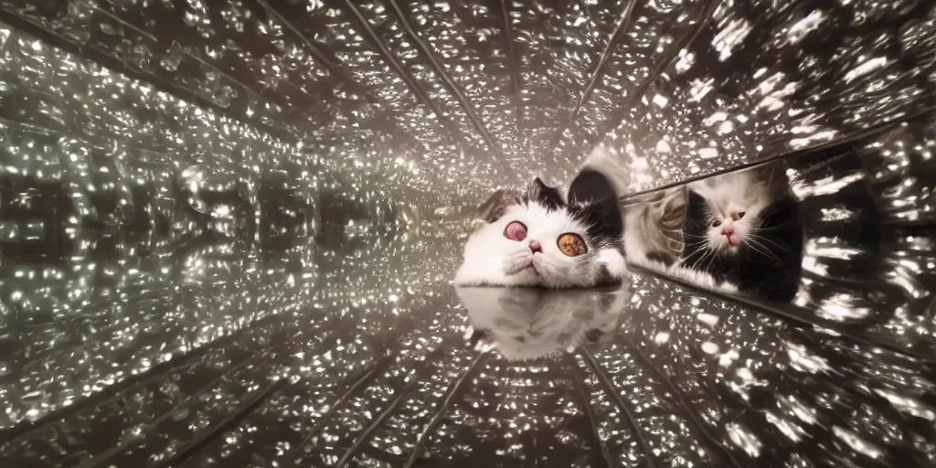 Image similar to the reflection of an exotic shorthair cat in an infinity mirror, large room, in the style of David Lynch, 8k, photorealistic, high detail