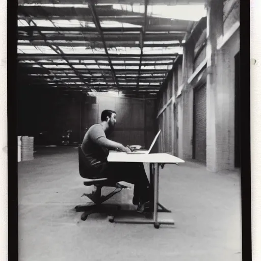 Image similar to a polaroid photo of man using a laptop inside in warehouse, he sitting on chair and small table, photo from behind