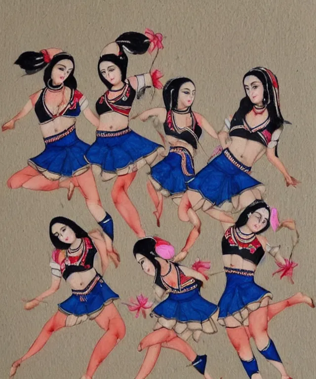 Image similar to a persian miniature painting, cute cheerleaders dancing, shorts, ultra sharp, extra details, ultra high quality, trending on pinteresst