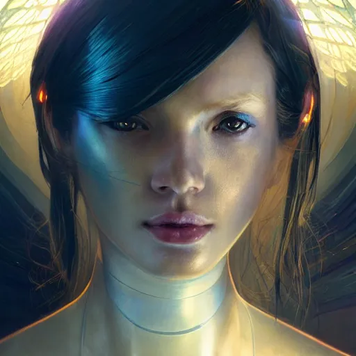 Image similar to portrait of a futuristic android princess, science fiction, smooth technology, smooth body, fairy wings, intricate, headshot, highly detailed, digital painting, trending on artstation, concept art, sharp focus, cinematic lighting, illustration, art by masamune shirow and greg rutkowski, alphonse mucha, cgsociety