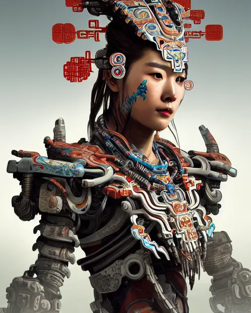 Image similar to portrait of a machine from horizon zero dawn, machine face, upper body, decorated with chinese opera motifs, asian, traditional chinese art, intricate, elegant, highly detailed, digital painting, artstation, concept art, smooth, sharp focus, illustration, art by artgerm and greg rutkowski and alphonse mucha, 8 k