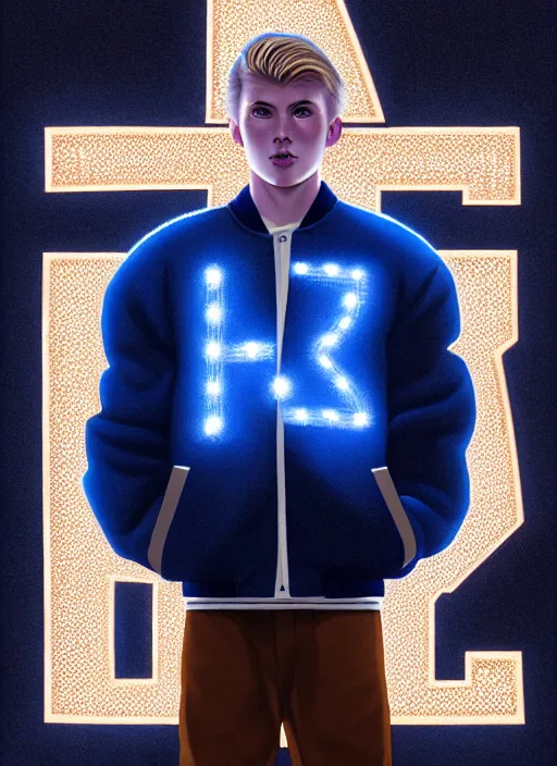 Image similar to portrait of high school senior boy named big moose, blonde short hair, jock, beefy, wide face, square jaw, square facial structure, blue varsity jacket with letter r, intricate, elegant, glowing lights, highly detailed, digital painting, artstation, concept art, sharp focus, illustration, art by wlop, mars ravelo and greg rutkowski