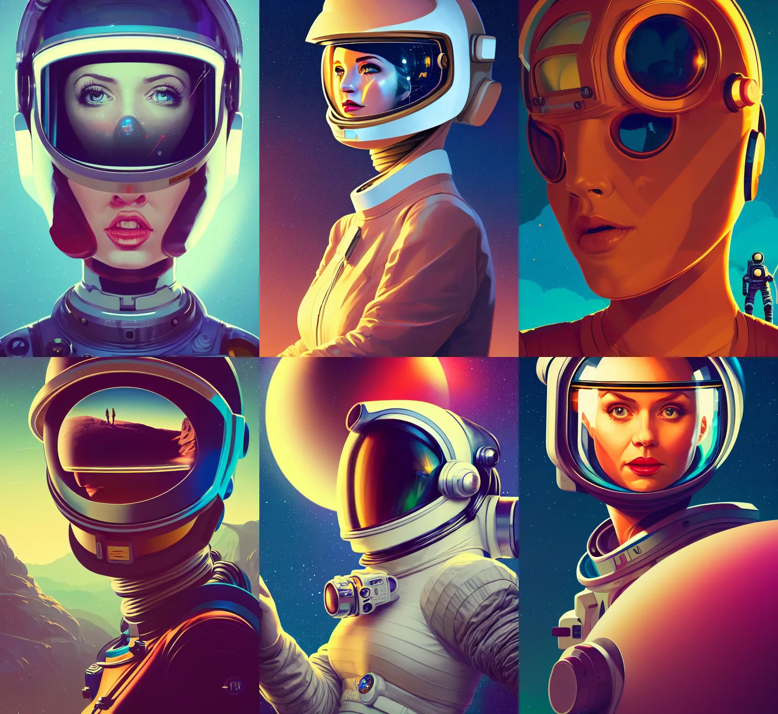 Prompt: retrofuturistic portrait of a woman in astronaut helmet, planet graphics art in background, close up, dan mumford, liam brazier, peter mohrbacher, xf iq 4, f / 1. 4, iso 2 0 0, 1 / 1 6 0 s, 8 k, raw, featured in artstation, octane render, cinematic, elegant, intricate, 8 k