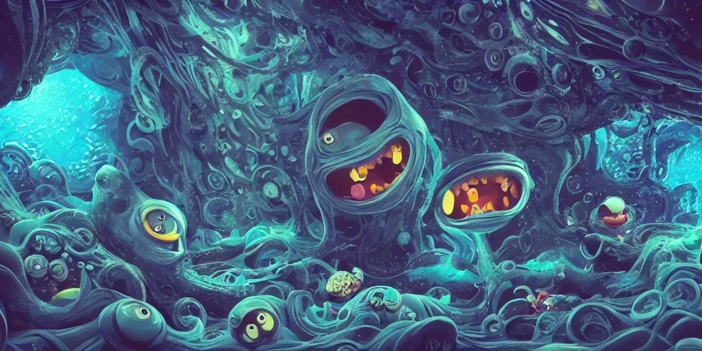 Image similar to of an intricate deep sea with strange cute friendly happy creatures with huge eyes, long tongue, round teeth and goofy funny face, appearing from the background, in the style of gehry and gaudi, macro lens, shallow depth of field, ultra detailed, digital painting, trending artstation, concept art, illustration, cinematic lighting, photorealism, epic, octane render